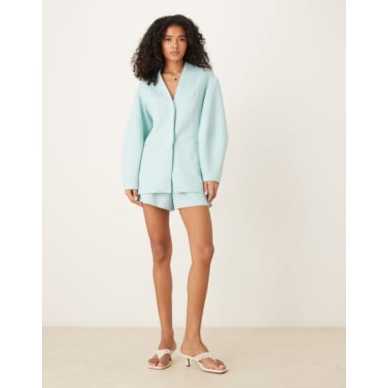 DESIGN cocoon sleeve collarless blazer and linen look shorts set in blue