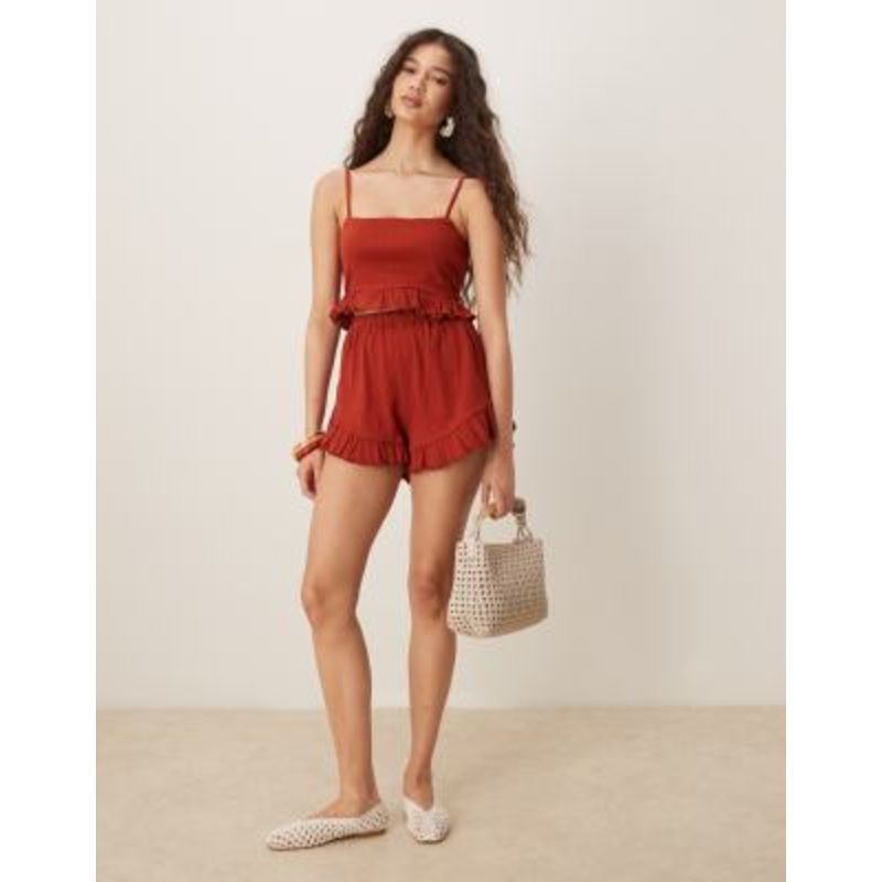 DESIGN crinkle ruffle hem cami crop top and flippy shorts set in rust