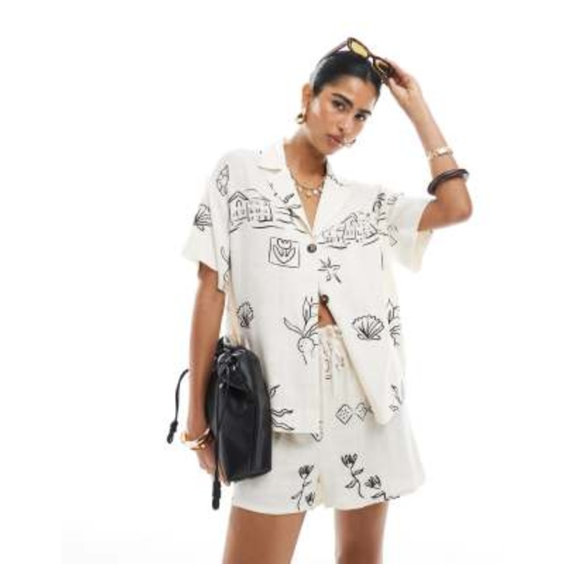 DESIGN linen blend short sleeve shirt set in sketchy print