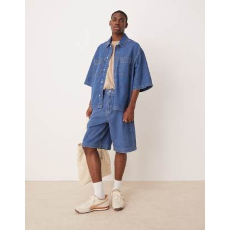 DESIGN oversized short sleeve denim shirt with patch pockets and jorts set in mid wash blue