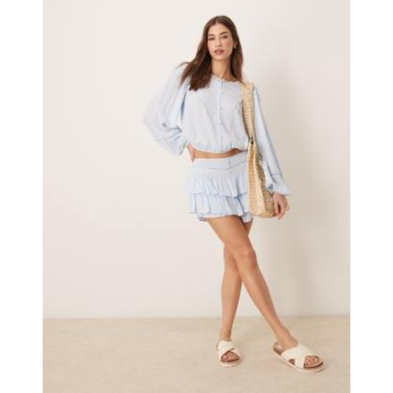 DESIGN ruffle detail shorts & top set in chalky blue