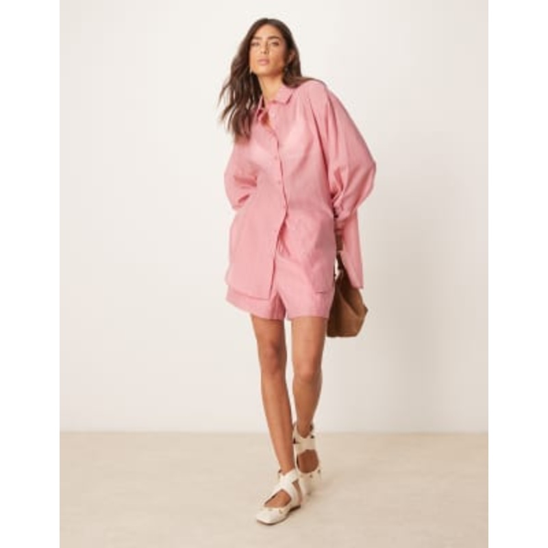 DESIGN sheer organza shirt with back tie detail and shorts set in light pink