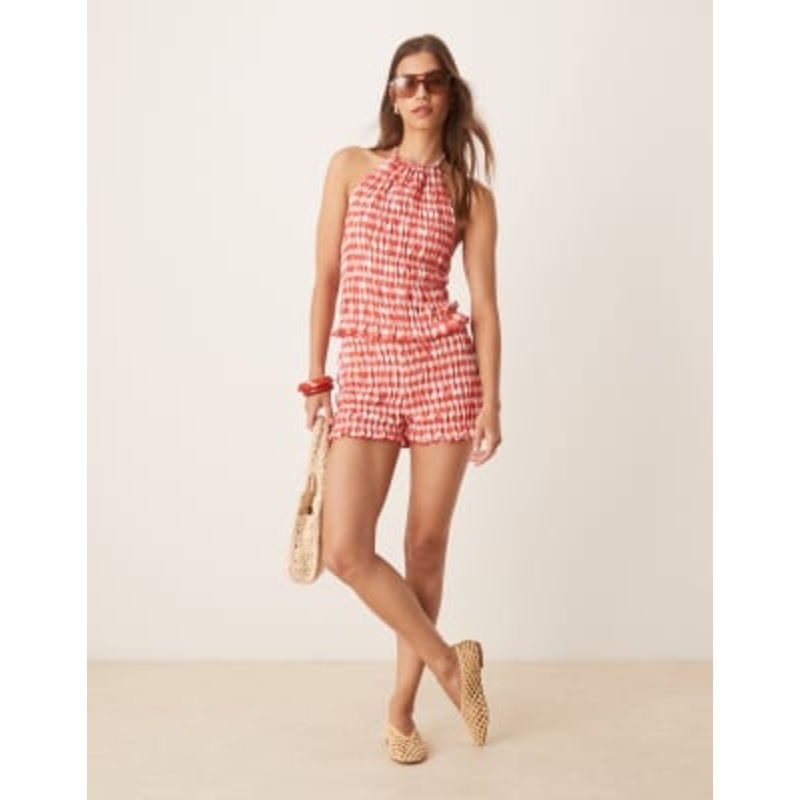 DESIGN shirred gingham halter top and shorts in red