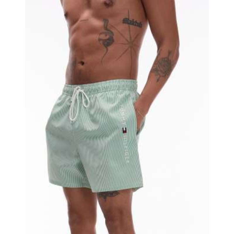 Tommy Hilfiger side logo drawstring swim shorts in green stripe