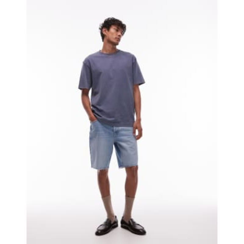 Topman denim straight leg shorts with raw hem in light wash blue