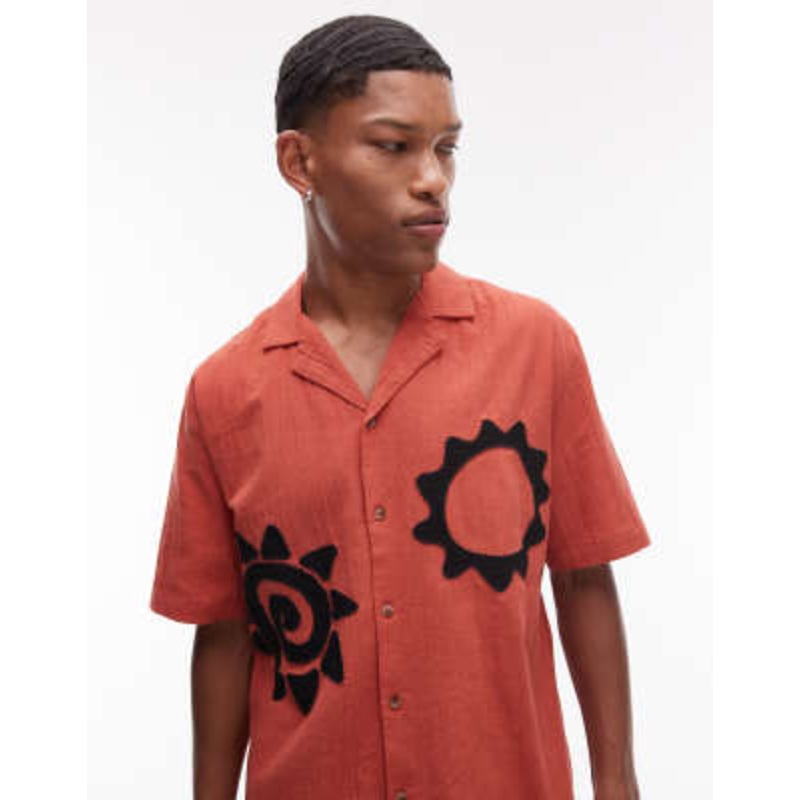 Topman short sleeve embroidered sun shirt in red
