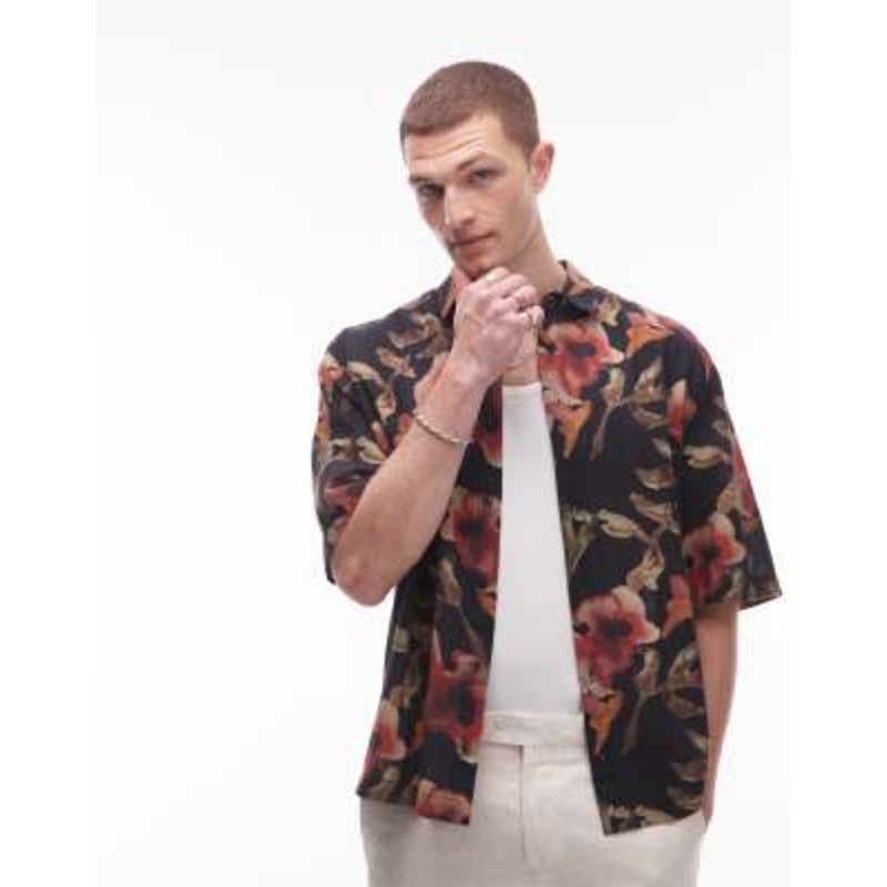 Topman short sleeve floral printed shirt in black