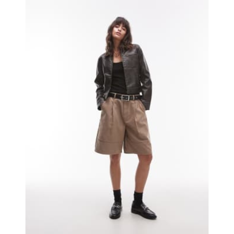 Topshop faux suede Bermuda shorts in light beige