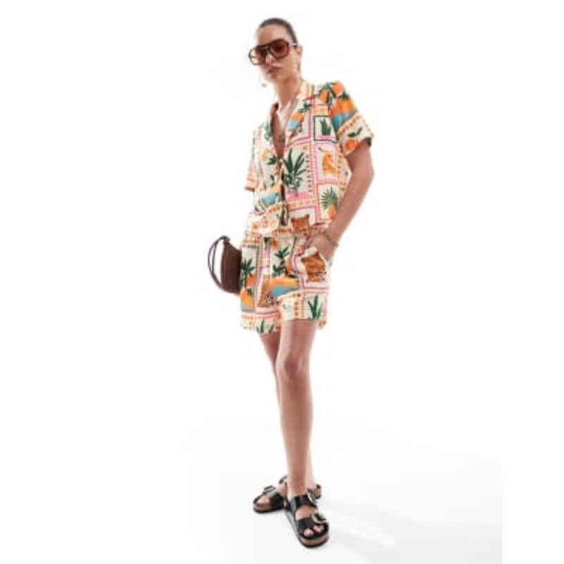 Vero Moda boxy tie front shirt and pull-on shorts set in tropical postcard print