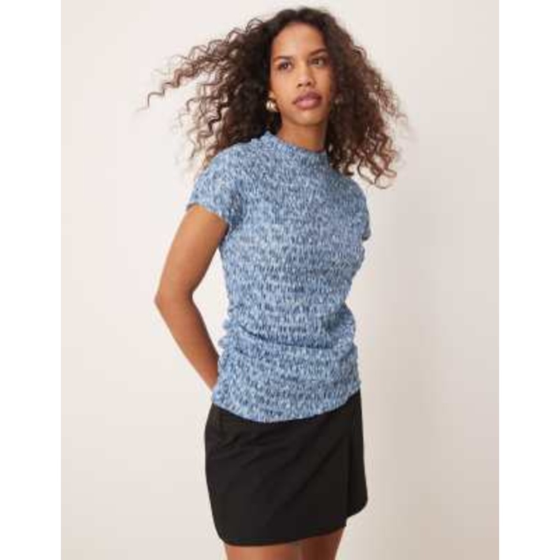 VILA high neck textured short sleeve top in multi blue