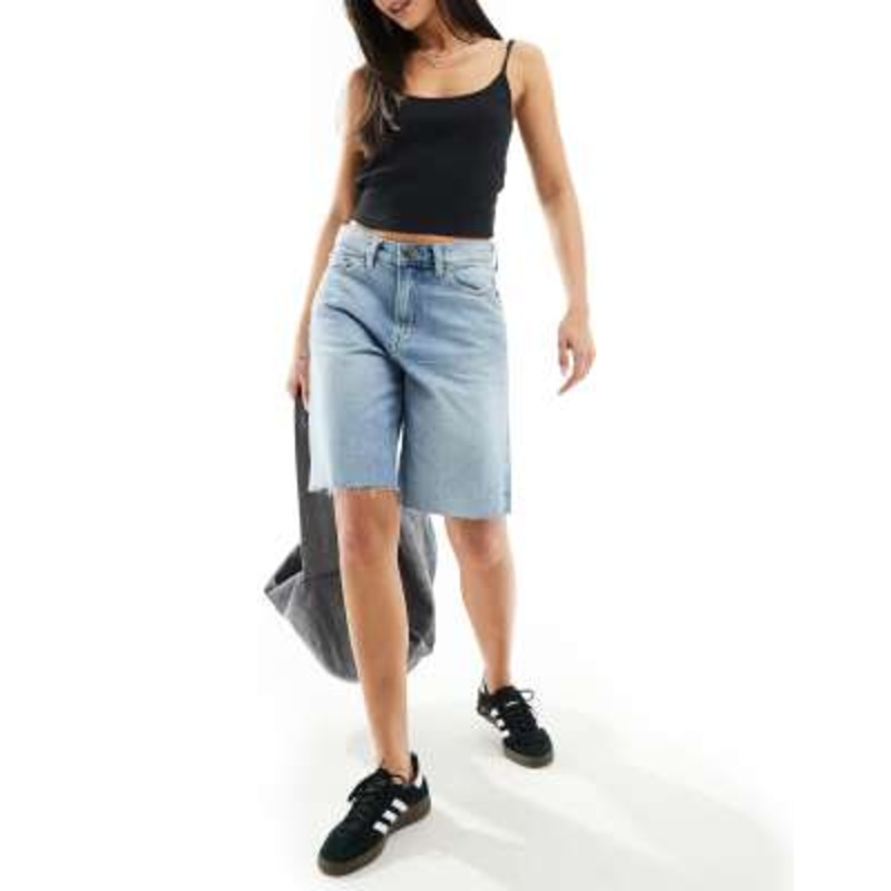 Weekday Monterey low waist wide leg denim shorts in tide blue