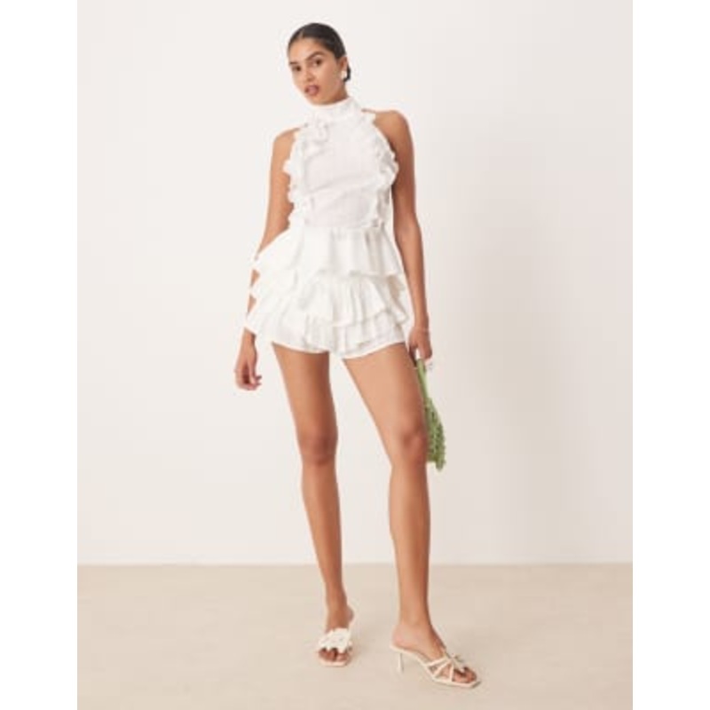 Amy Lynn v waist ruffle bloomer shorts in white eyelet