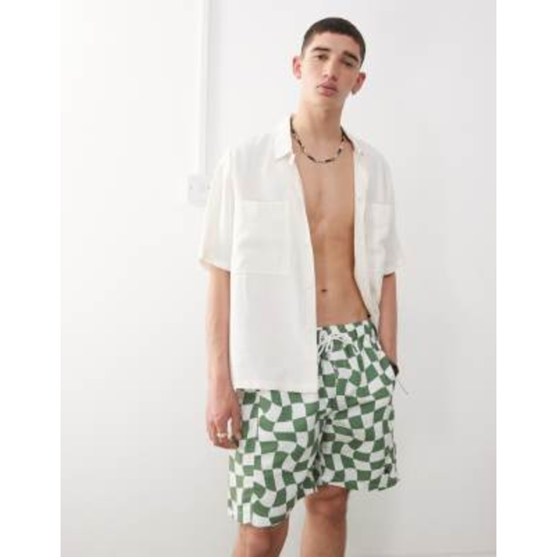 COLLUSION checkerboard swim shorts in khaki