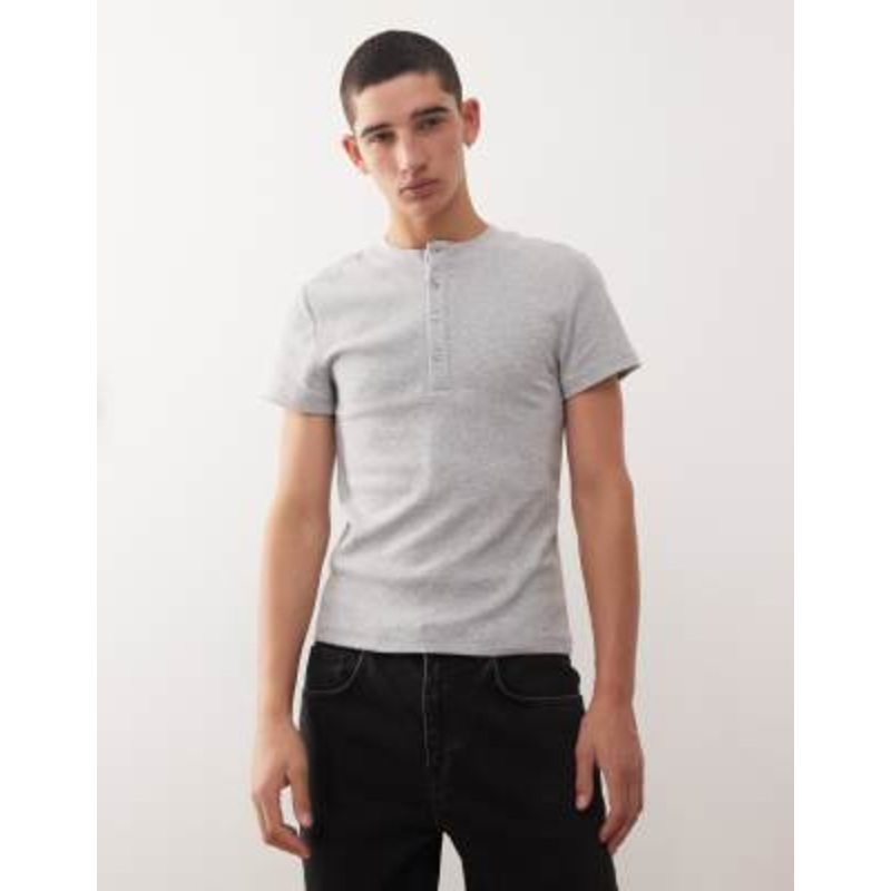 COLLUSION Ribbed muscle short sleeve henley T-shirt in gray heather