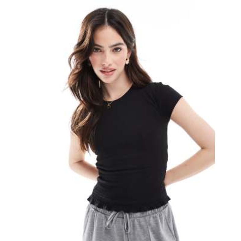 Cotton On pia shirred short sleeve top in black