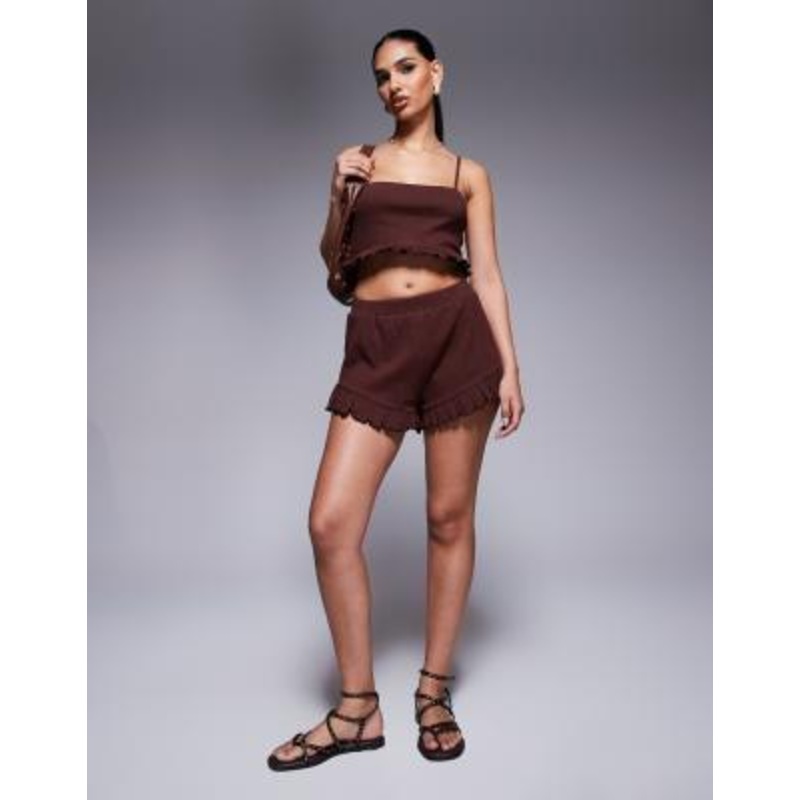 DESIGN crinkle ruffle hem crop top and flippy shorts set in brown