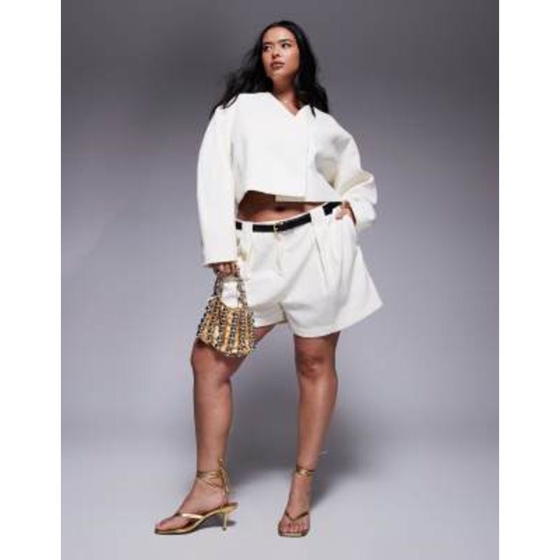 DESIGN Curve tailored textured shorts with belt & cropped blazer set in cream