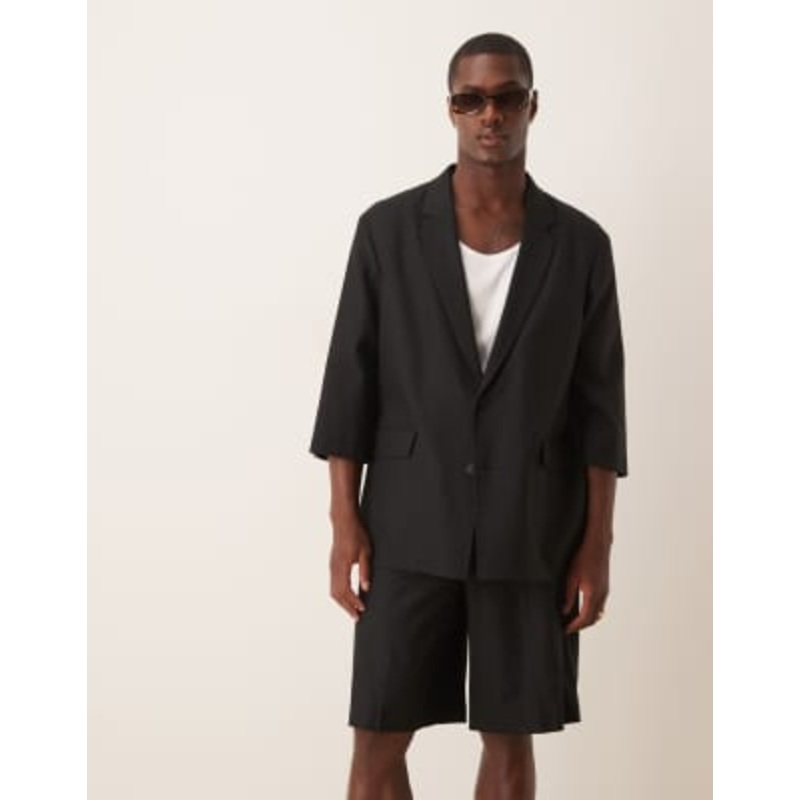 DESIGN linen blend shorter sleeve suit in black
