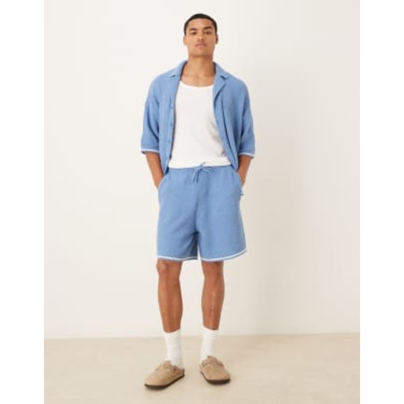 DESIGN relaxed knit button up polo shirt and shorts set in light blue