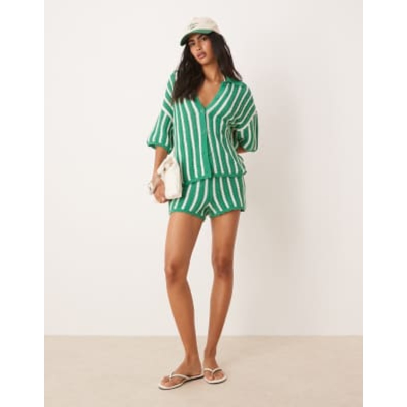 DESIGN striped scallop edge knit shirt & shorts set in green