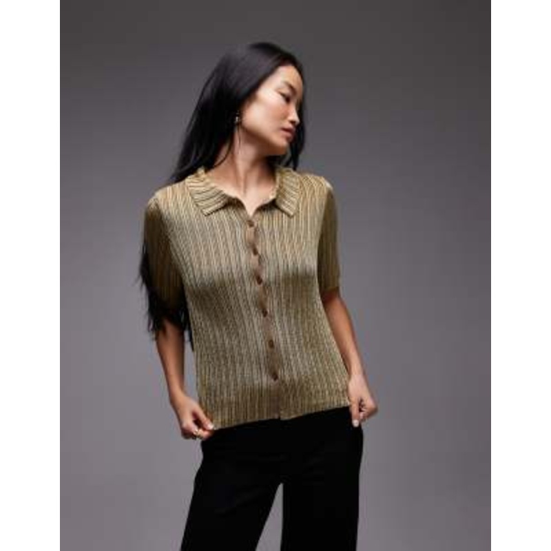 & Other Stories short sleeve knit top with decorative button closure in dark beige
