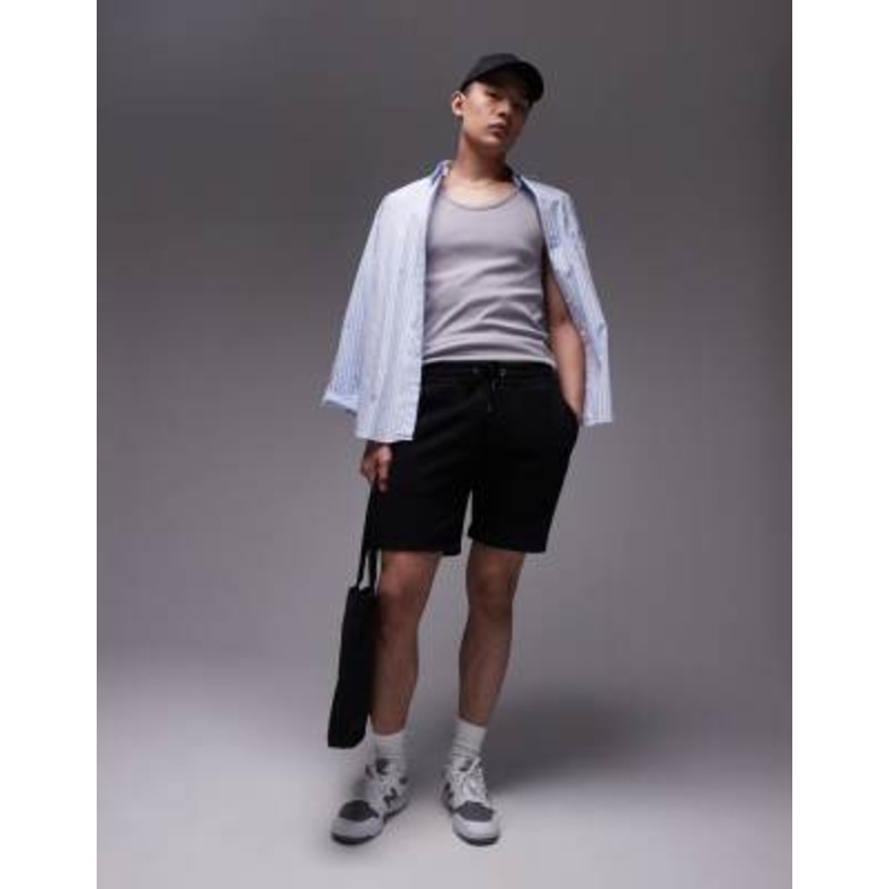 Topman classic fit jersey shorts with raw hem in black