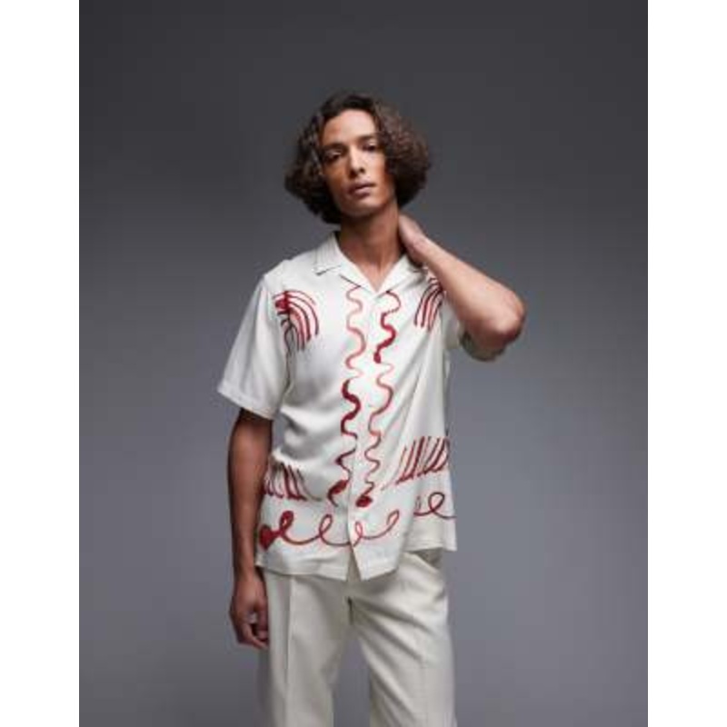 Topman relaxed fit short sleeve border print shirt in ecru