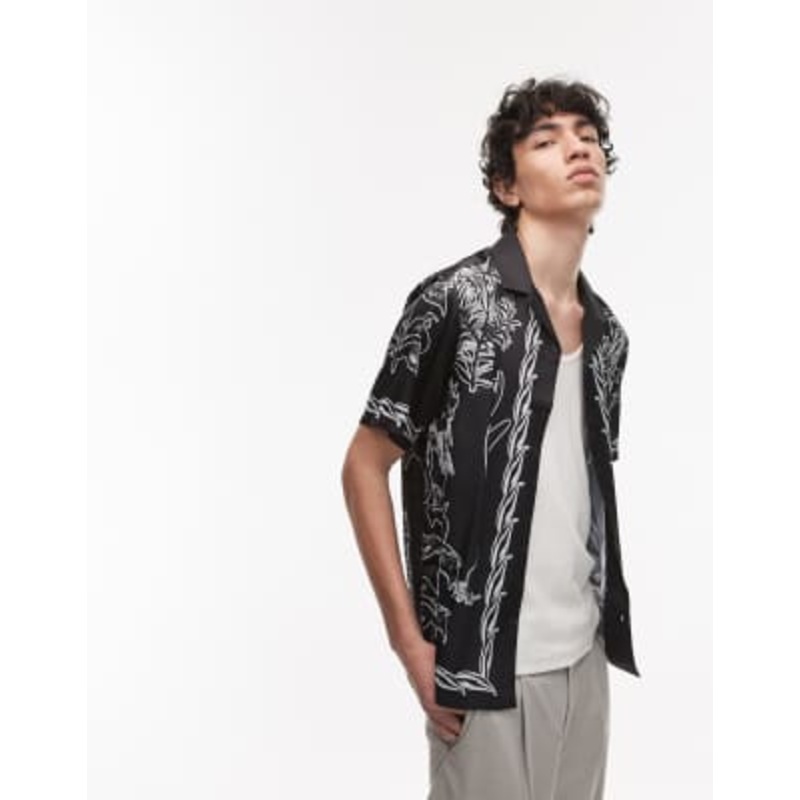 Topman short sleeve border printed shirt in black