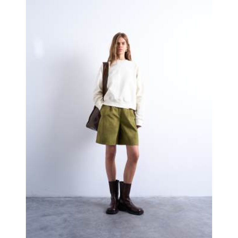 Topshop faux suede longline shorts in green