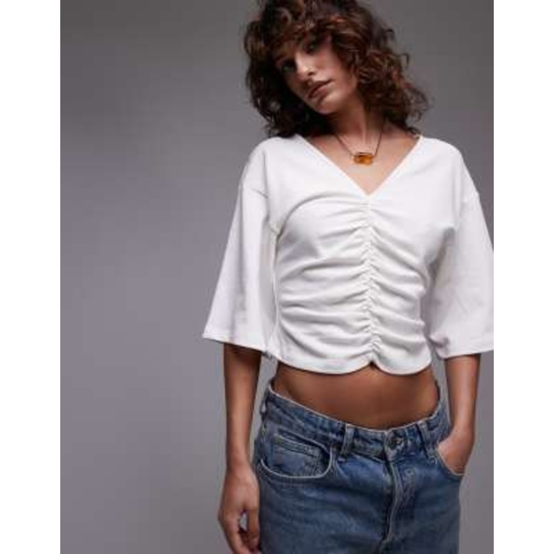 Topshop ruched v-neck short sleeve top in ivory