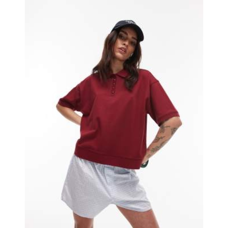 Topshop short sleeve boxy polo in burgundy