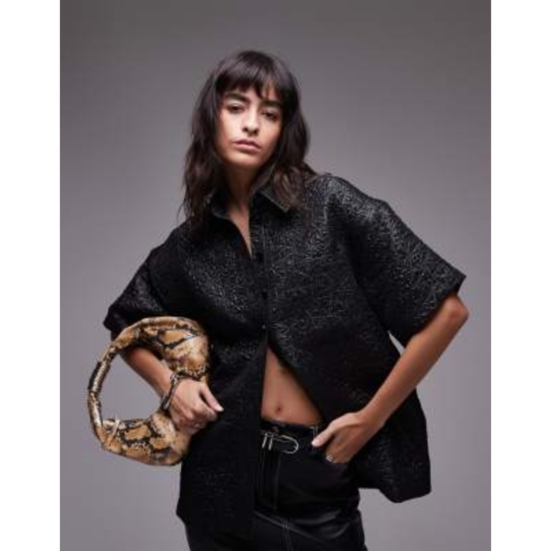 Topshop textured jacquard short sleeve shirt in black