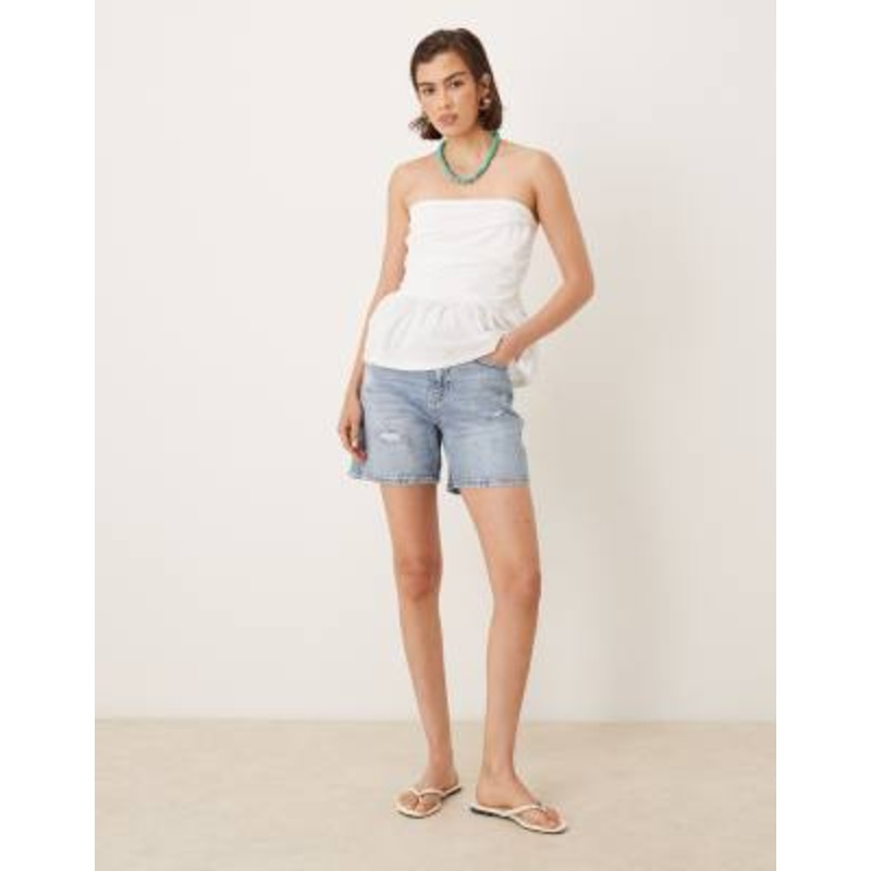 Vila high waist boyfriend fit destroyed denim shorts in light blue denim