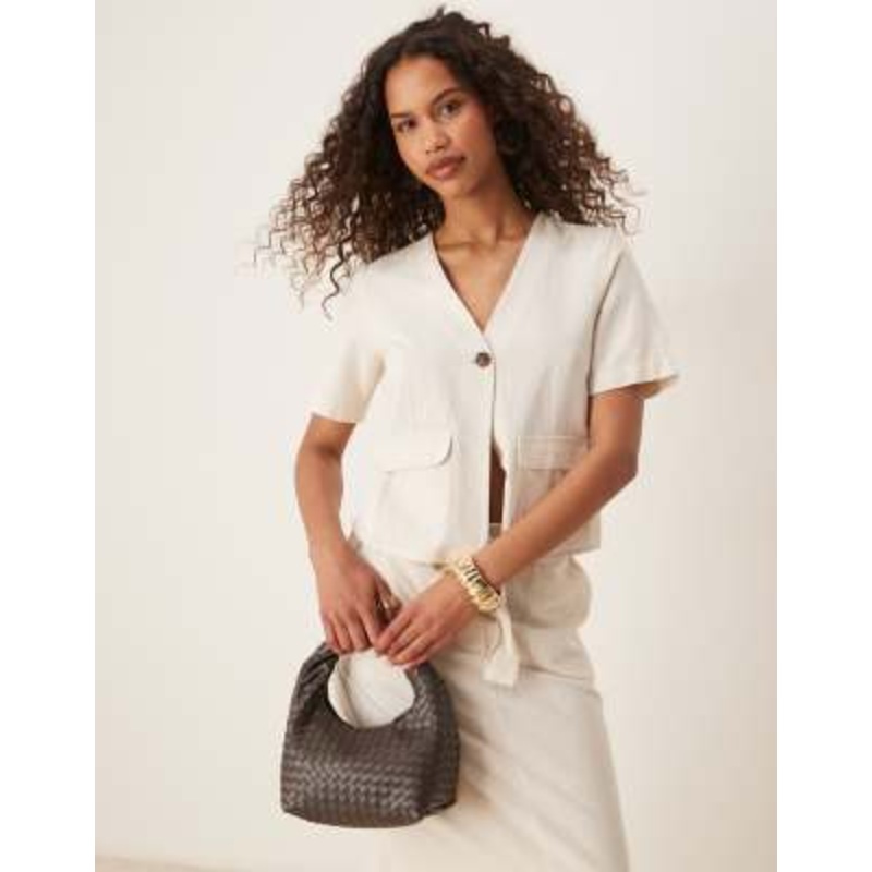 Vila linen touch short sleeve button front top in heathered cream – part of a set