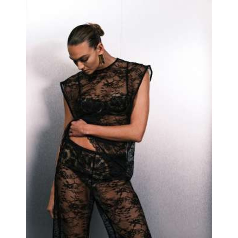 VRG GRL longline short sleeve lace mesh top in black