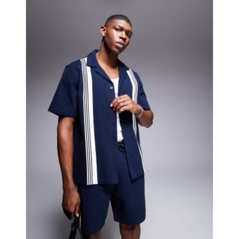 Alma De Ace stripe detail short sleeve shirt in navy – part of a set