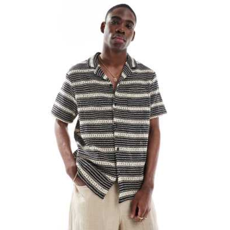 Aray crochet short sleeve beach shirt in black and cream