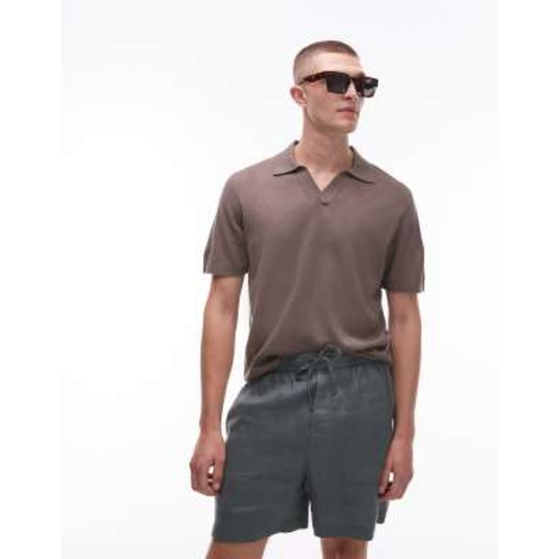 ARKET cotton linen knitted short sleeve polo shirt in light brown