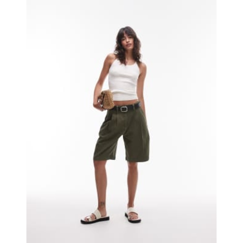 ARKET mid waist front crease bermuda shorts in khaki green