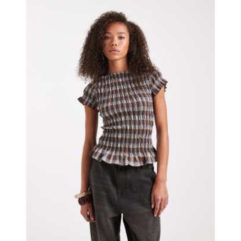 Daisy Street shirred short sleeve top in blue brown plaid