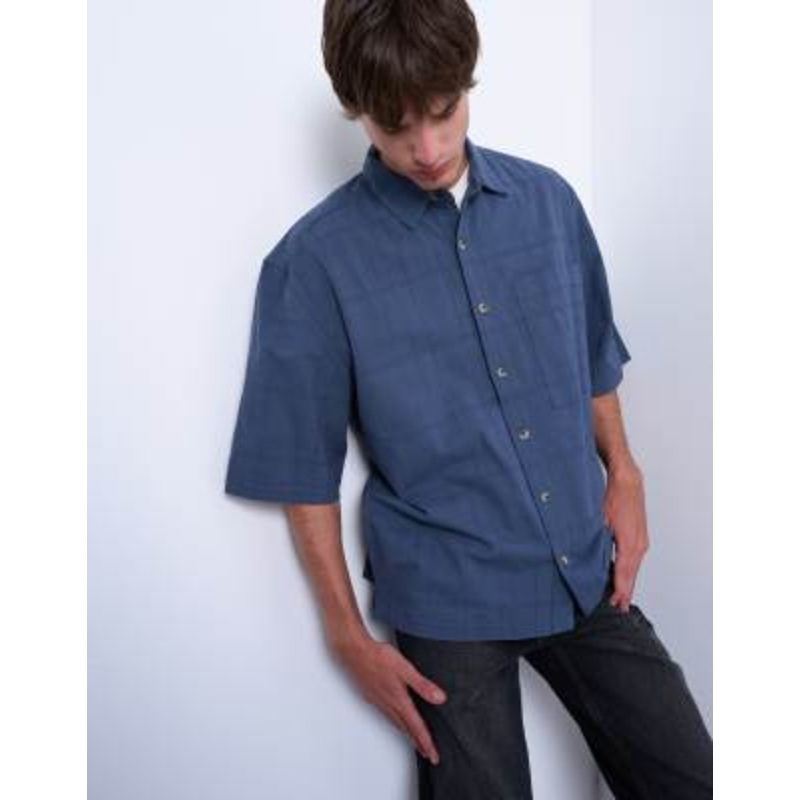 Topman short sleeve boxy textured shirt in mid blue