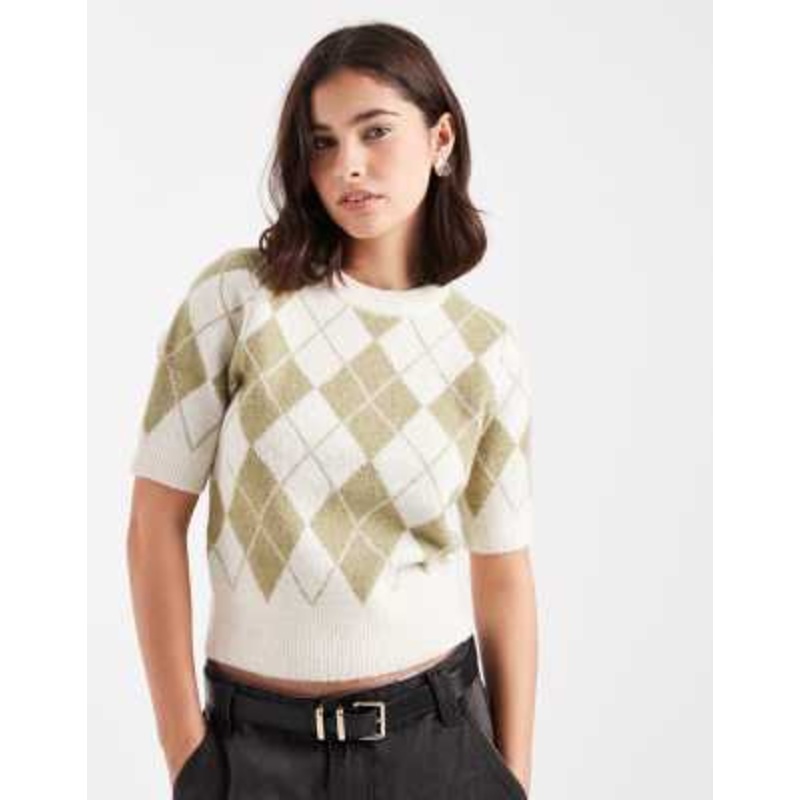 Vero Moda cropped knit short sleeve sweater in green argyle check print