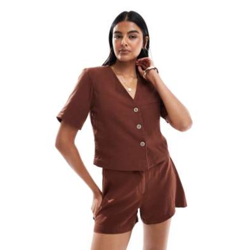 Vero Moda linen touch short sleeve cropped blazer in chocolate – part of a set