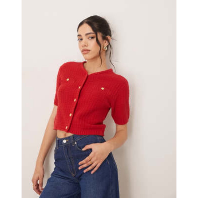 VILA short sleeve boucle knit cardigan style top in red