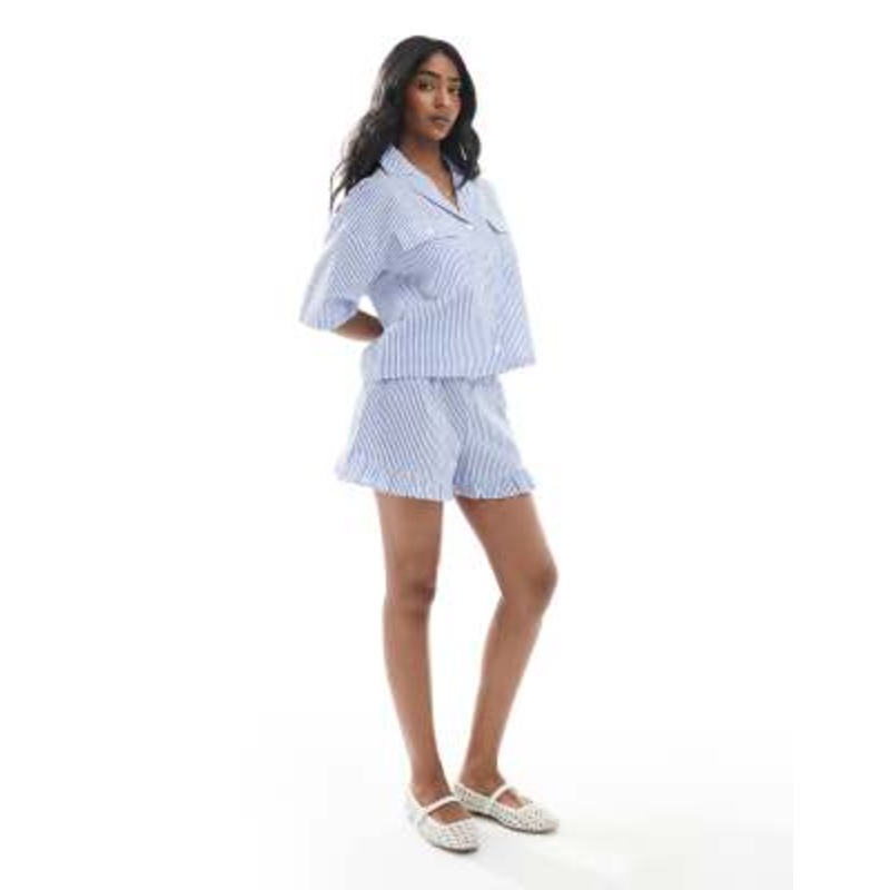 Wednesday’s Girl ruffle edge shorts in blue stripes – part of a set