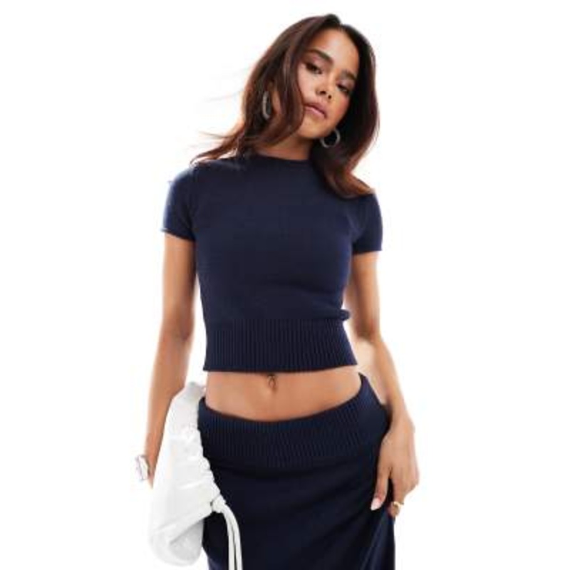 4th & Reckless fitted short sleeve knitted sweater in navy – part of a set