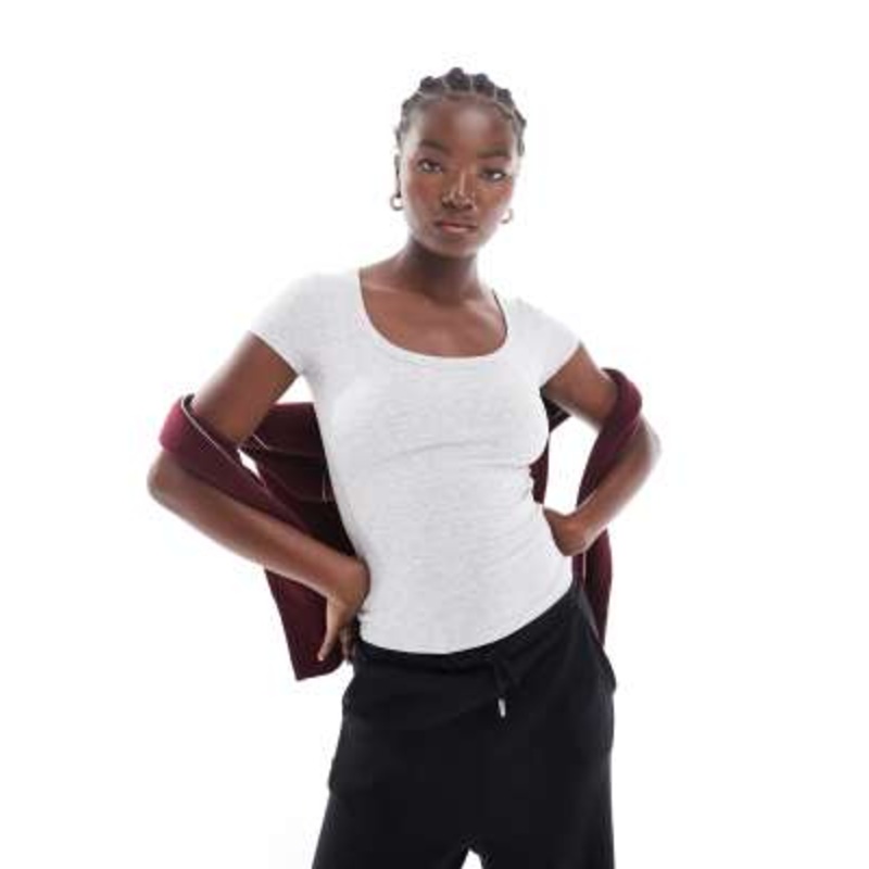 Cotton On ribbed scoop neck short sleeve top in gray