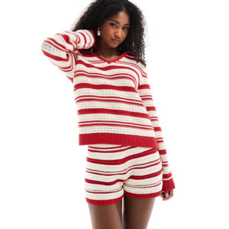 DESIGN crochet look polo top and micro short set in red stripe