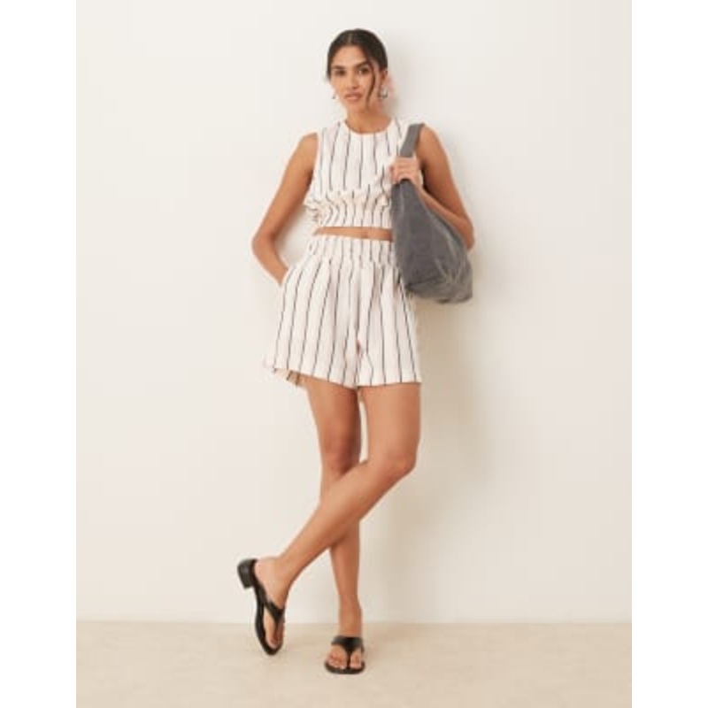 DESIGN open back shirred top & shirred shorts set in pink stripe