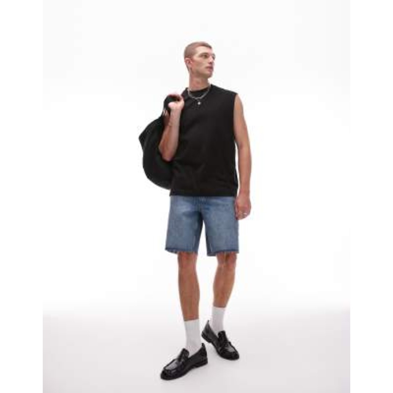 Topman denim straight leg shorts with raw hem in mid blue wash
